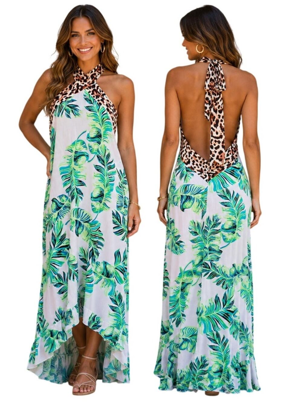 Venus Women's XL Tropical Halter Maxi Dress Open Back Leopard Trim Resort